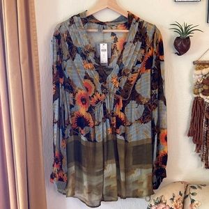 Bl-nk London ANTHROPOLOGIE Sunflower Blouse 2x Semi-Sheer Flowy NWT